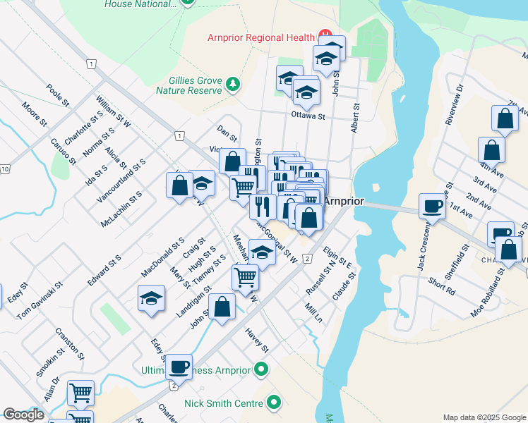 map of restaurants, bars, coffee shops, grocery stores, and more near 86 Elgin Street West in Arnprior