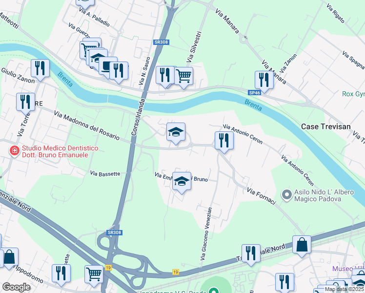map of restaurants, bars, coffee shops, grocery stores, and more near 129 Via Madonna del Rosario in Padova
