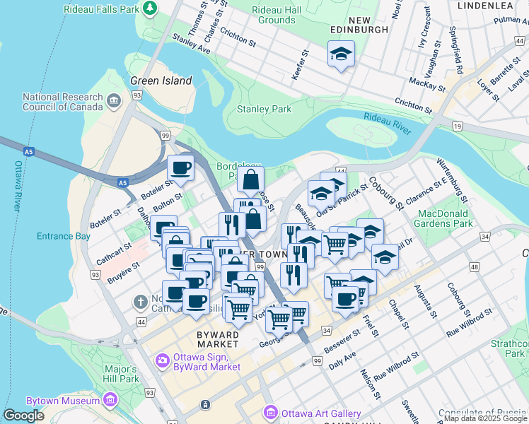 map of restaurants, bars, coffee shops, grocery stores, and more near in Ottawa