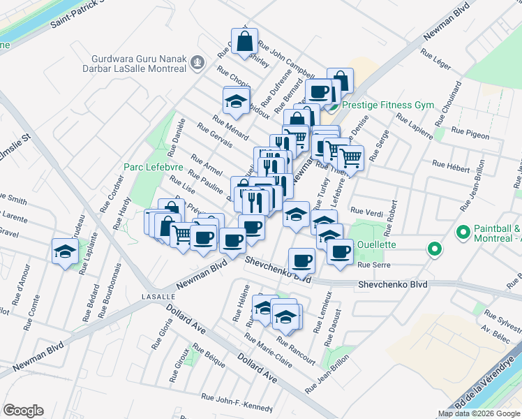 map of restaurants, bars, coffee shops, grocery stores, and more near 8161 Boulevard Newman in Montréal