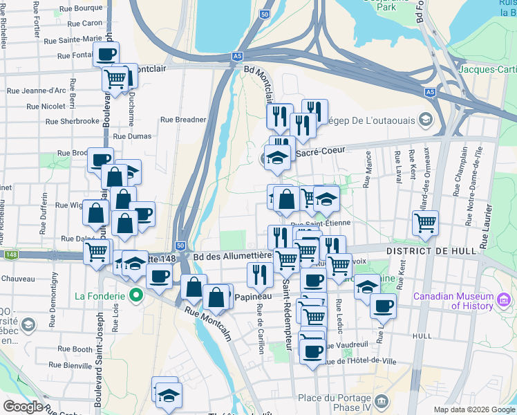 map of restaurants, bars, coffee shops, grocery stores, and more near 14 Rue Allard in Gatineau