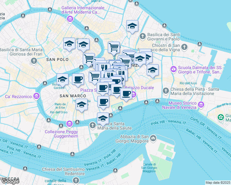 map of restaurants, bars, coffee shops, grocery stores, and more near 119 Piazza San Marco in Venezia