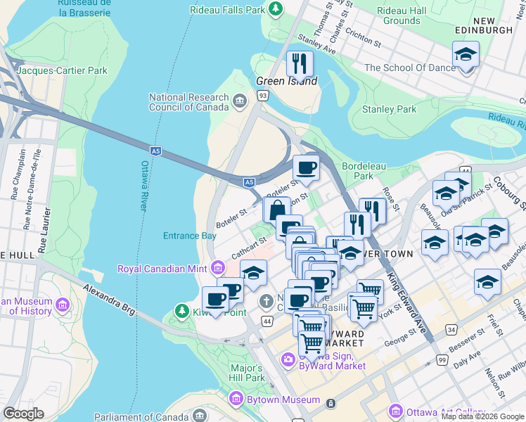map of restaurants, bars, coffee shops, grocery stores, and more near 110 Boteler Street in Ottawa