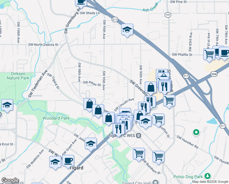 map of restaurants, bars, coffee shops, grocery stores, and more near 9425 Southwest Tangela Court in Portland