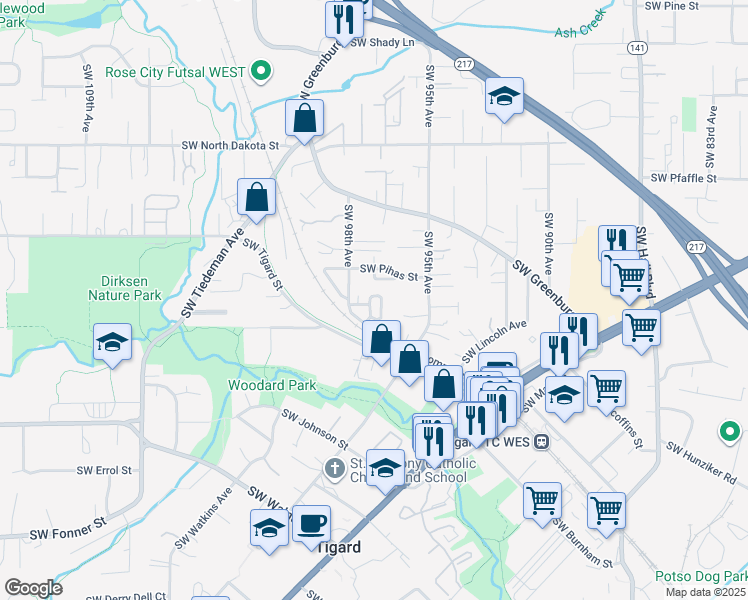 map of restaurants, bars, coffee shops, grocery stores, and more near 9701 Southwest London Court in Tigard
