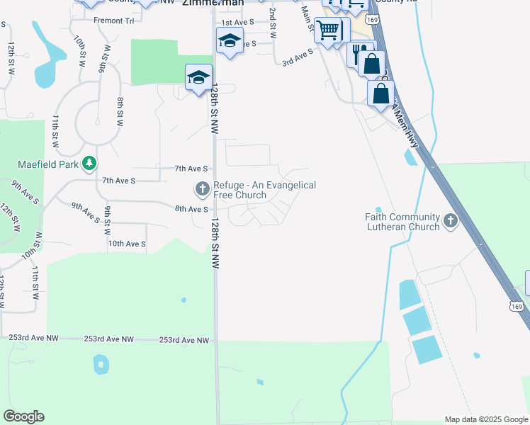 map of restaurants, bars, coffee shops, grocery stores, and more near 12695 8th Avenue South in Zimmerman