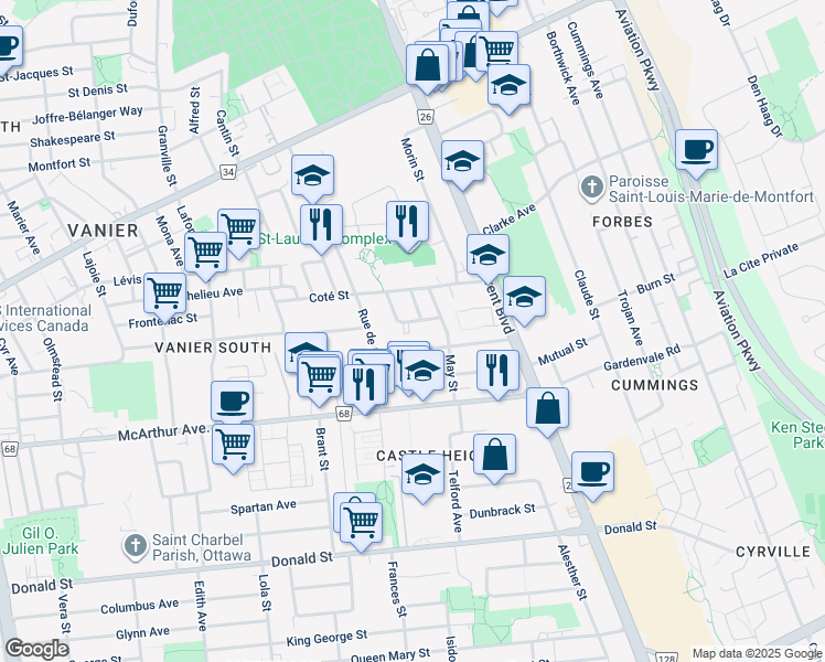 map of restaurants, bars, coffee shops, grocery stores, and more near 751 Ben Street in Ottawa