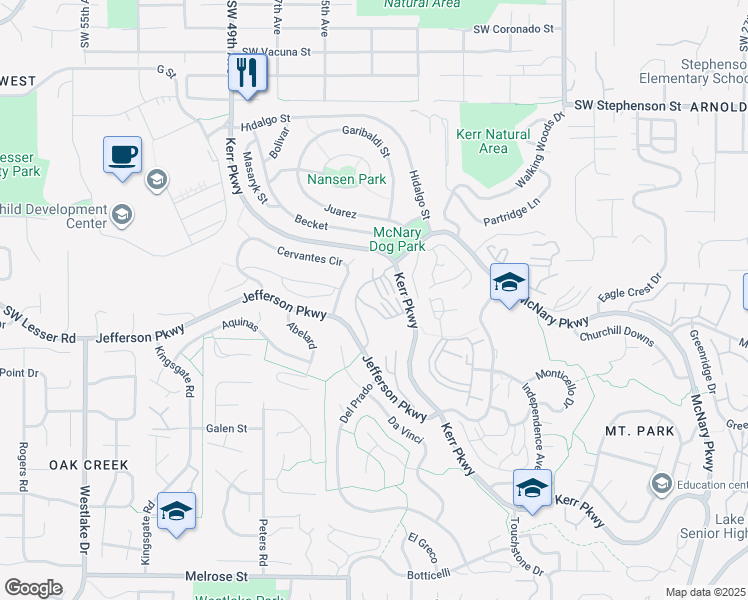 map of restaurants, bars, coffee shops, grocery stores, and more near 50 Kerr Parkway in Lake Oswego