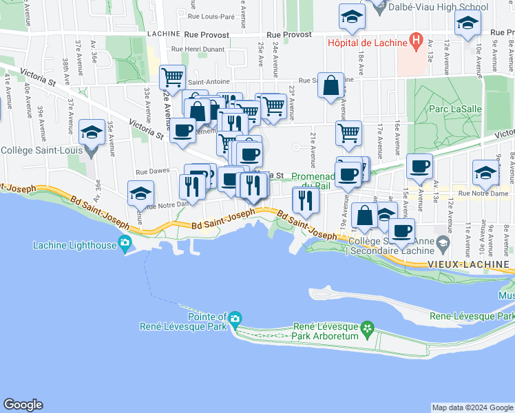 map of restaurants, bars, coffee shops, grocery stores, and more near 2530 Boulevard Saint-Joseph in Montréal