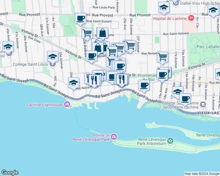 map of restaurants, bars, coffee shops, grocery stores, and more near 2765 Rue Notre-Dame in Montreal