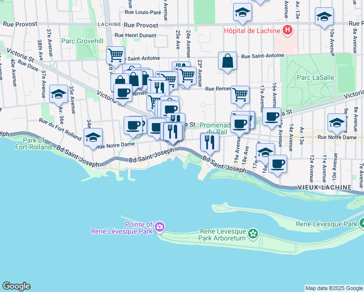 map of restaurants, bars, coffee shops, grocery stores, and more near in Montreal