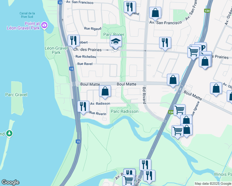 map of restaurants, bars, coffee shops, grocery stores, and more near 1022 Croissant Rainville in Brossard