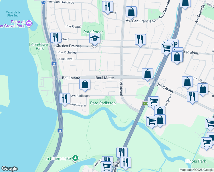 map of restaurants, bars, coffee shops, grocery stores, and more near 9855 Croissant Rochelle in Brossard