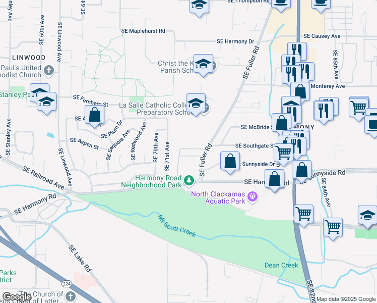 map of restaurants, bars, coffee shops, grocery stores, and more near 12345 Southeast Fuller Road in Portland