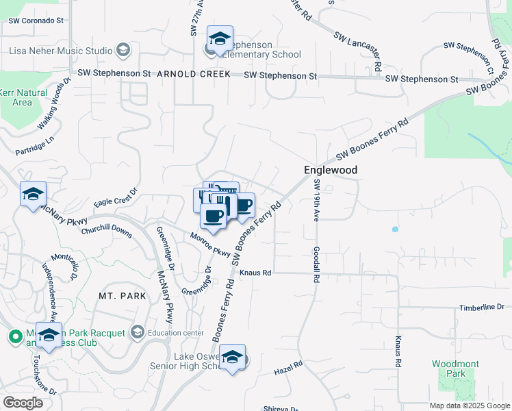 map of restaurants, bars, coffee shops, grocery stores, and more near 12433 Orchard Hill Road in Lake Oswego