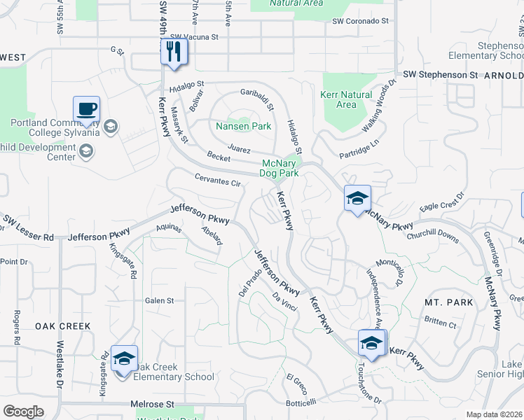 map of restaurants, bars, coffee shops, grocery stores, and more near 50 Kerr Parkway in Lake Oswego