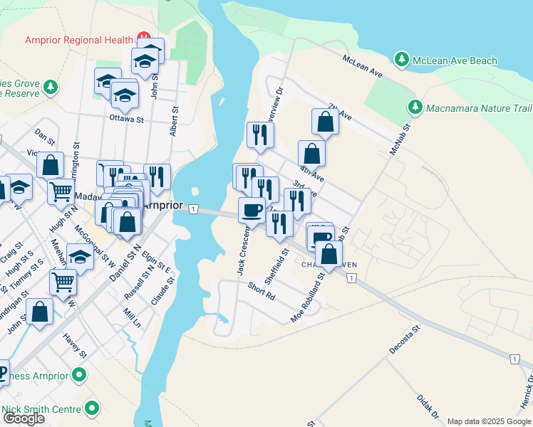 map of restaurants, bars, coffee shops, grocery stores, and more near 100 Madawaska Boulevard in Arnprior