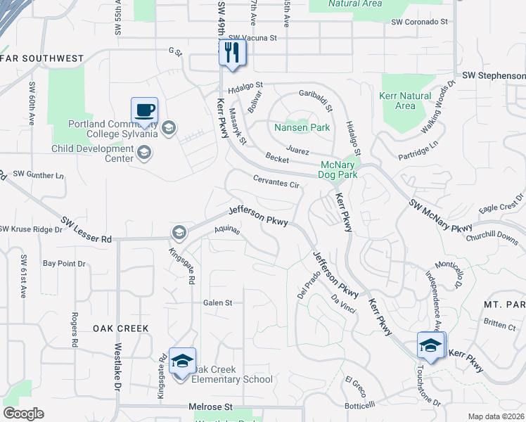 map of restaurants, bars, coffee shops, grocery stores, and more near 38 Cervantes Circle in Lake Oswego