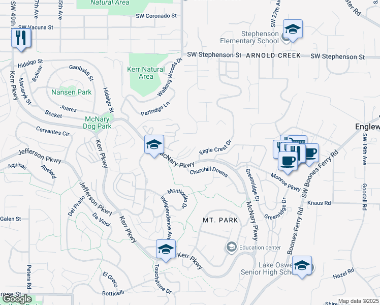 map of restaurants, bars, coffee shops, grocery stores, and more near 3433 McNary Parkway in Lake Oswego