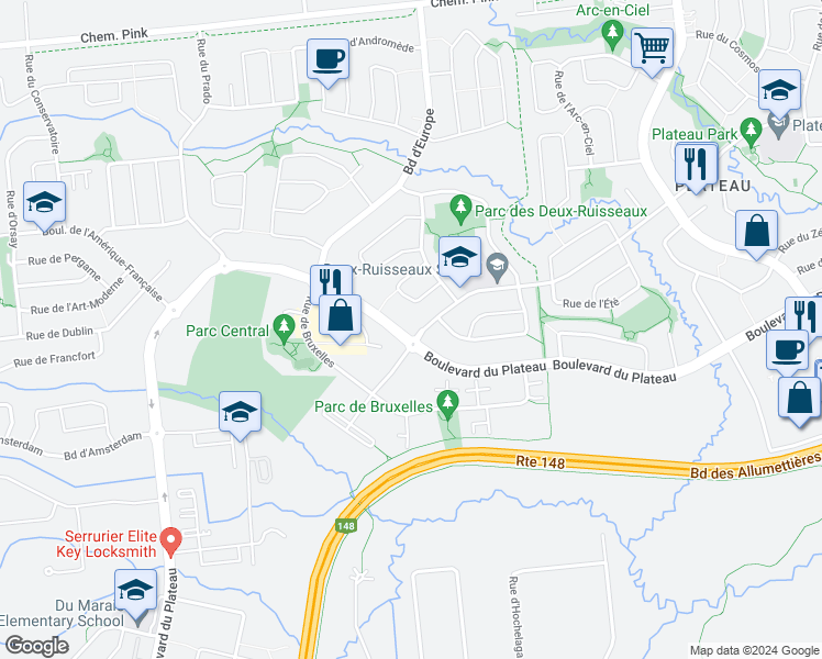 map of restaurants, bars, coffee shops, grocery stores, and more near 376 Boulevard du Plateau in Gatineau
