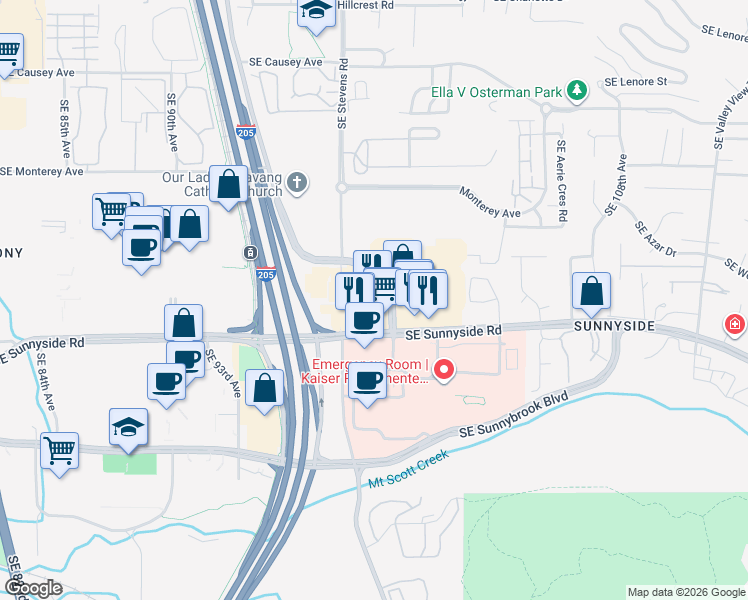 map of restaurants, bars, coffee shops, grocery stores, and more near 9895 Southeast Stevens Road in Happy Valley