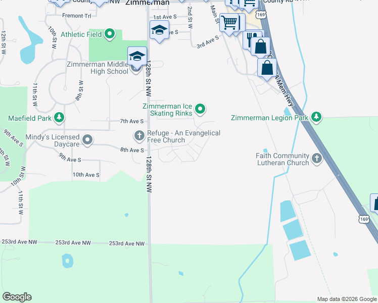 map of restaurants, bars, coffee shops, grocery stores, and more near 12606 Pond View Road in Zimmerman