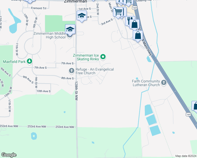 map of restaurants, bars, coffee shops, grocery stores, and more near 12634 Pond View Road in Zimmerman