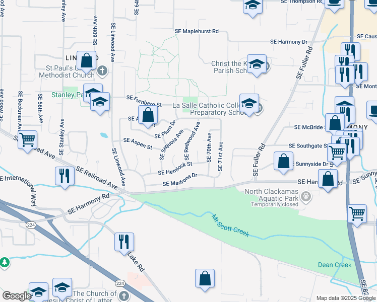 map of restaurants, bars, coffee shops, grocery stores, and more near 12226 Southeast Redwood Avenue in Milwaukie