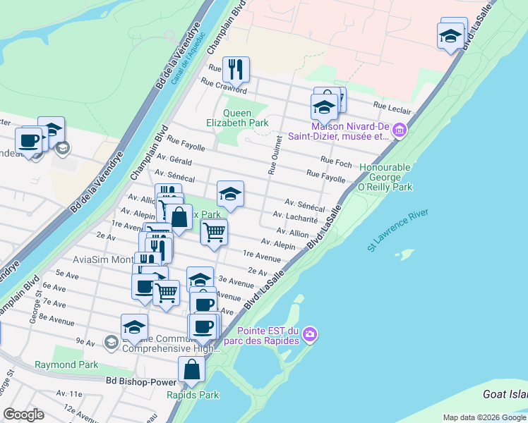 map of restaurants, bars, coffee shops, grocery stores, and more near 247 Avenue Lacharité in Montréal