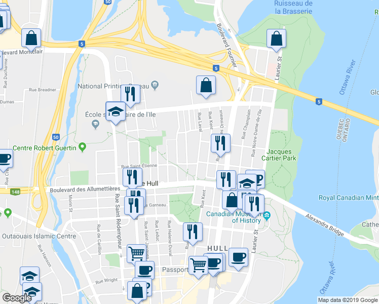 map of restaurants, bars, coffee shops, grocery stores, and more near 21 Rue Sainte-Hélène in Gatineau