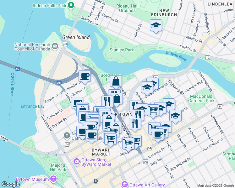 map of restaurants, bars, coffee shops, grocery stores, and more near in Ottawa