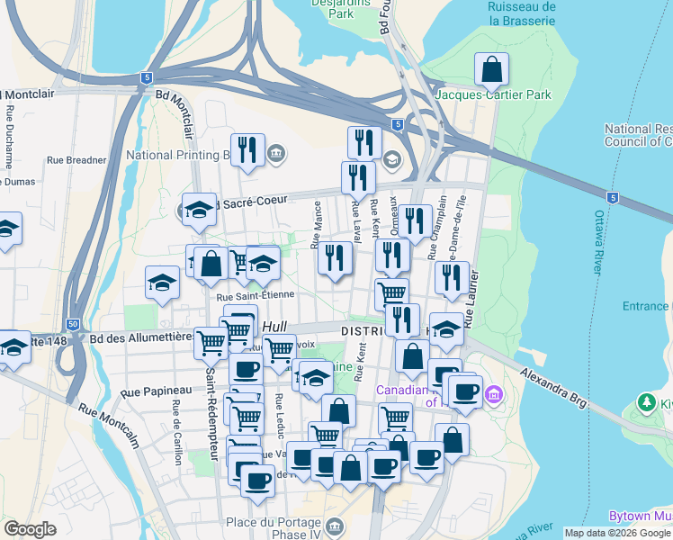 map of restaurants, bars, coffee shops, grocery stores, and more near 21 Rue Sainte-Hélène in Gatineau
