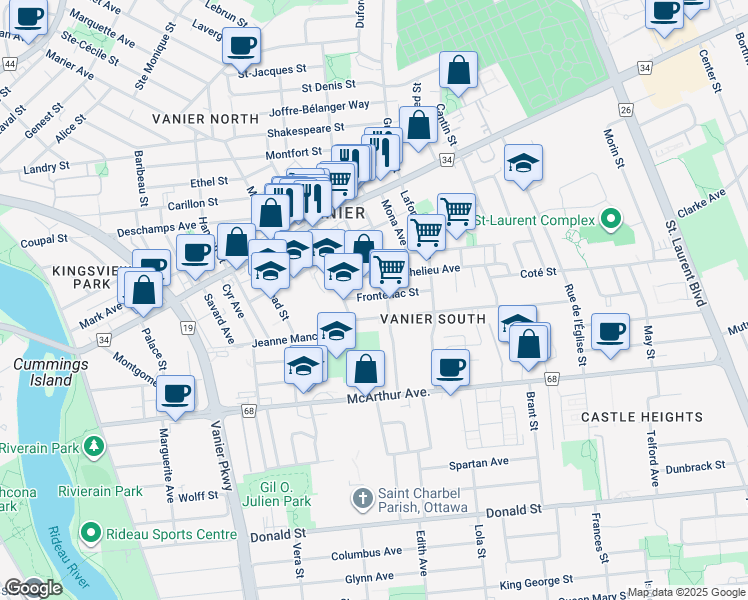 map of restaurants, bars, coffee shops, grocery stores, and more near 300 Frontenac Street in Ottawa