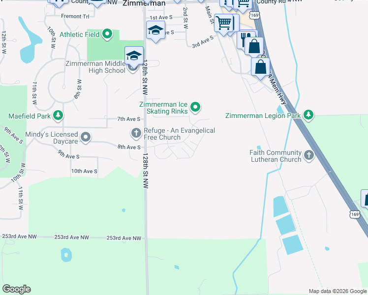 map of restaurants, bars, coffee shops, grocery stores, and more near 12652 Pond View Road in Zimmerman
