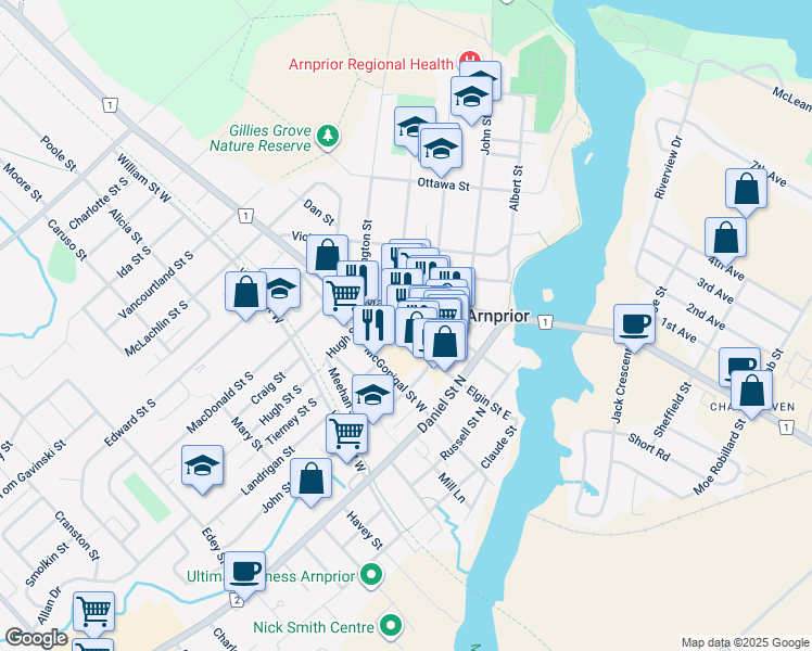 map of restaurants, bars, coffee shops, grocery stores, and more near 90 Madawaska Street in Arnprior