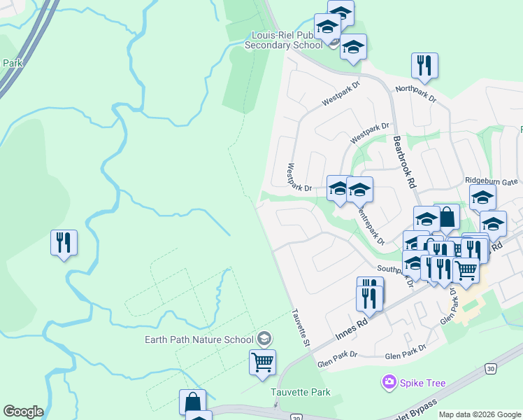 map of restaurants, bars, coffee shops, grocery stores, and more near 57 Tauvette Street in Ottawa