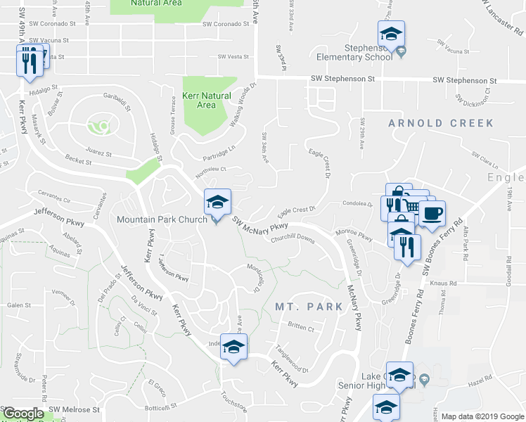 map of restaurants, bars, coffee shops, grocery stores, and more near 3433 Southwest McNary Parkway in Lake Oswego