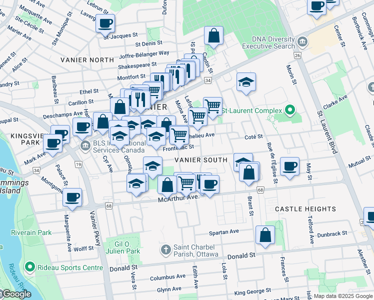 map of restaurants, bars, coffee shops, grocery stores, and more near in Ottawa