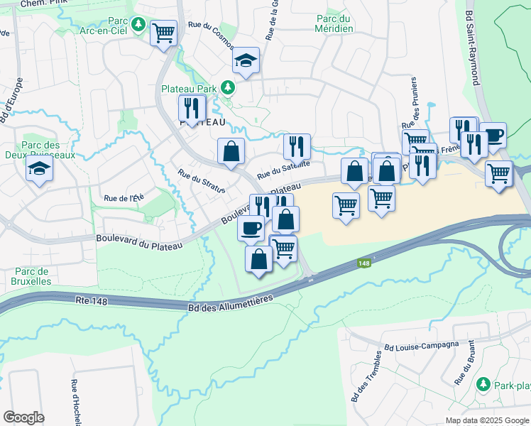 map of restaurants, bars, coffee shops, grocery stores, and more near 205 Boulevard du Plateau in Gatineau