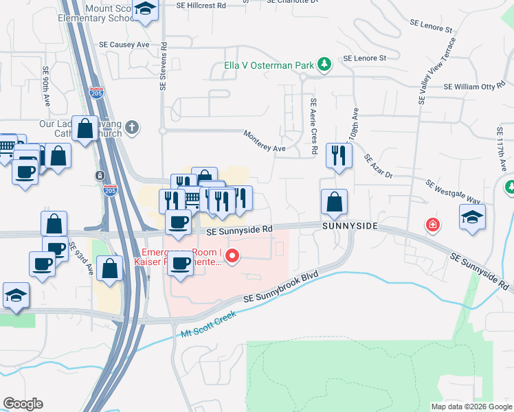 map of restaurants, bars, coffee shops, grocery stores, and more near 12031 Southeast 104th Court in Happy Valley