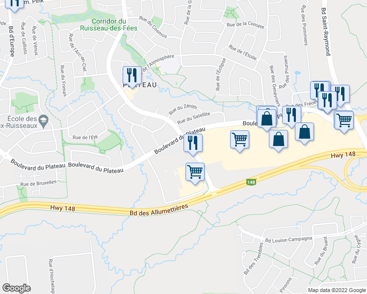 map of restaurants, bars, coffee shops, grocery stores, and more near 205 Boulevard du Plateau in Gatineau