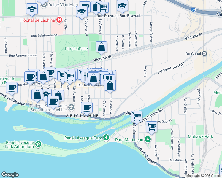 map of restaurants, bars, coffee shops, grocery stores, and more near 690 6e Avenue in Montréal