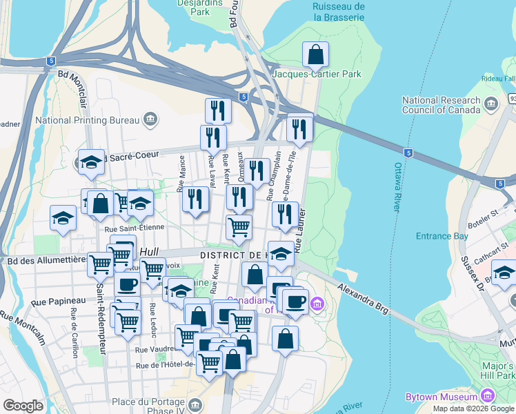 map of restaurants, bars, coffee shops, grocery stores, and more near 240 Boulevard Maisonneuve in Gatineau