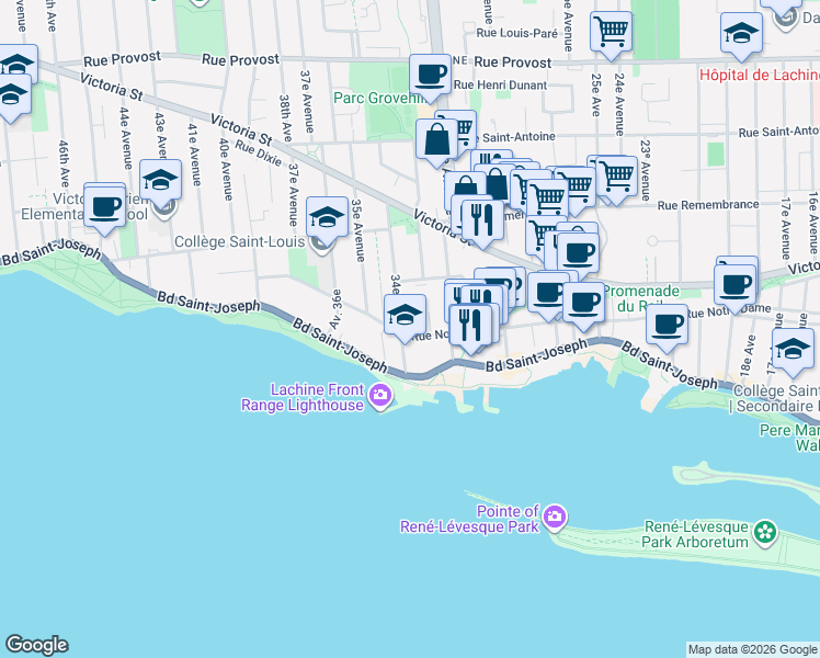 map of restaurants, bars, coffee shops, grocery stores, and more near 3360 Rue Notre-Dame in Montréal