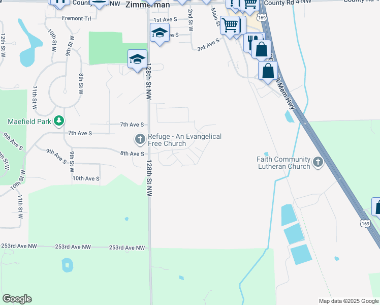 map of restaurants, bars, coffee shops, grocery stores, and more near 12606 Pond View Road in Zimmerman