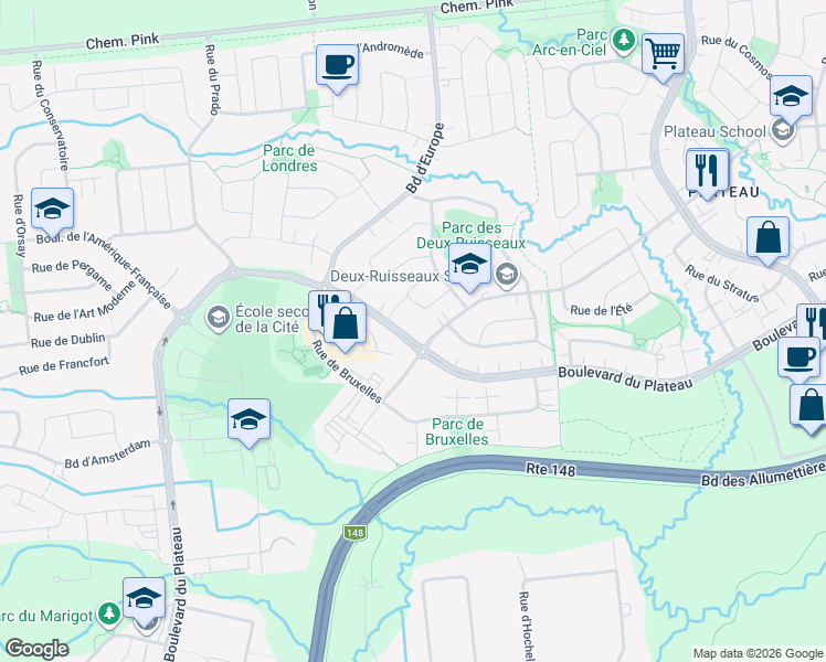 map of restaurants, bars, coffee shops, grocery stores, and more near 382 Boulevard du Plateau in Gatineau