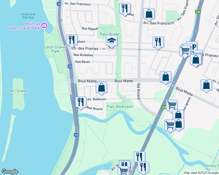 map of restaurants, bars, coffee shops, grocery stores, and more near 1115 Croissant Rainville in Brossard