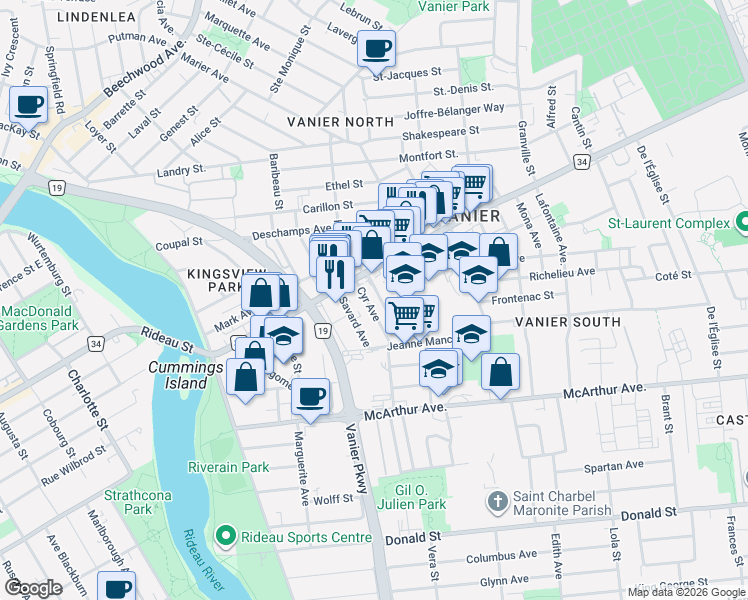 map of restaurants, bars, coffee shops, grocery stores, and more near 291 Cody Avenue in Ottawa