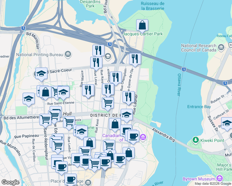 map of restaurants, bars, coffee shops, grocery stores, and more near 240 Boulevard Maisonneuve in Gatineau
