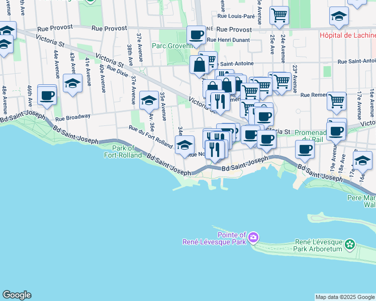 map of restaurants, bars, coffee shops, grocery stores, and more near 3360 Rue Notre-Dame in Montréal